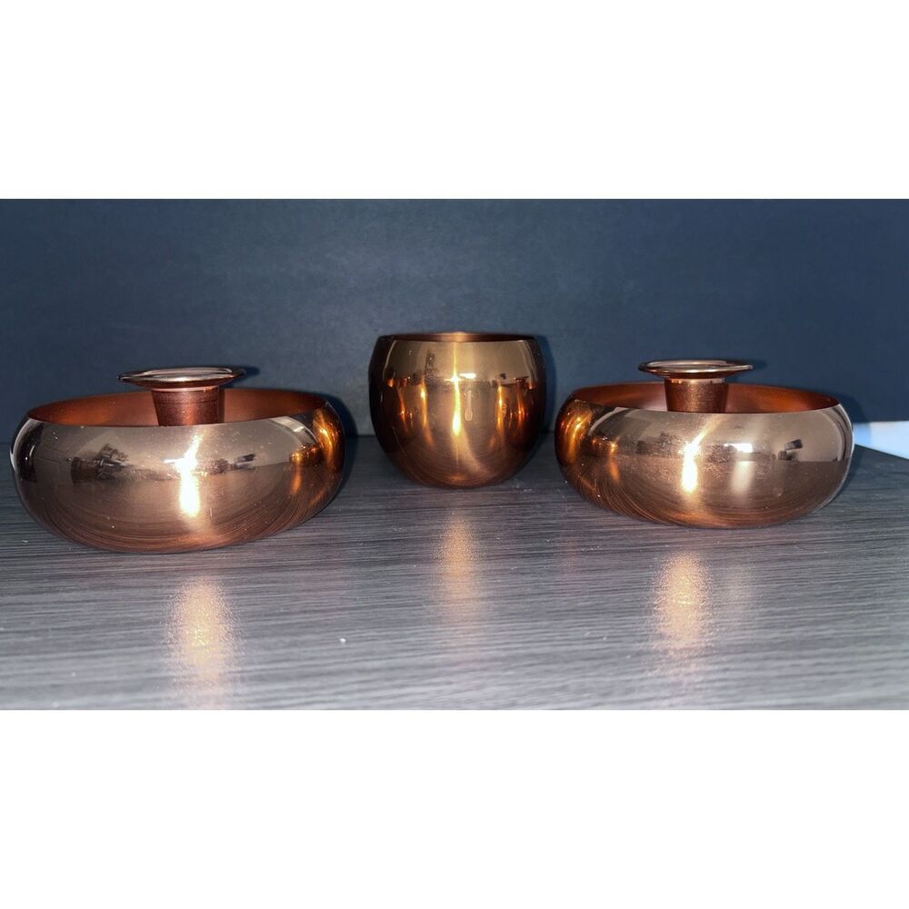 Guild Pair Copper Candlestick Holders Round w/Bowl 3 Pc Set 4x4”